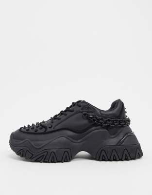 asos design trainer shoes in black leather with chunky sole