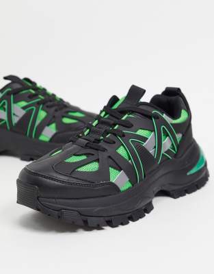 asos design trainer shoes in black leather with chunky sole