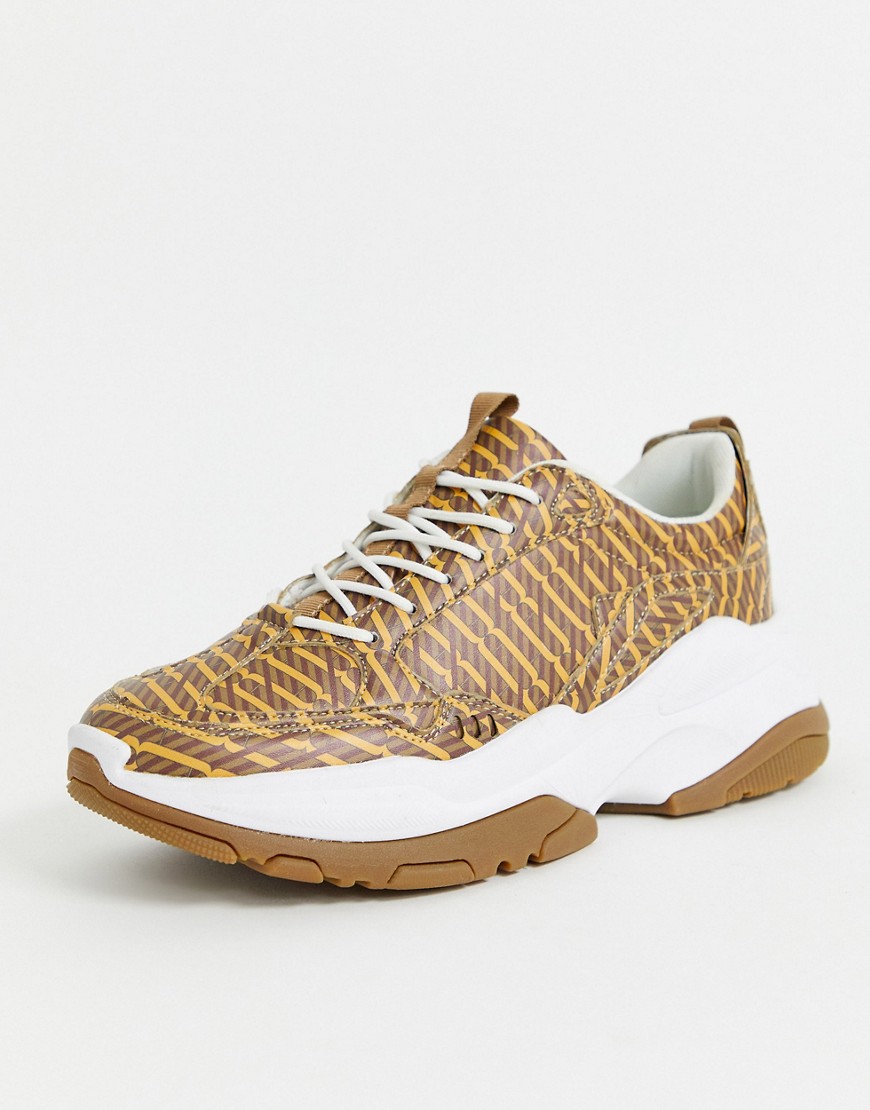 ASOS DESIGN trainers in monogram print and chunky sole-Tan