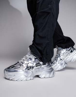 Asos Design Trainers In Silver Metallic With Chunky Sole