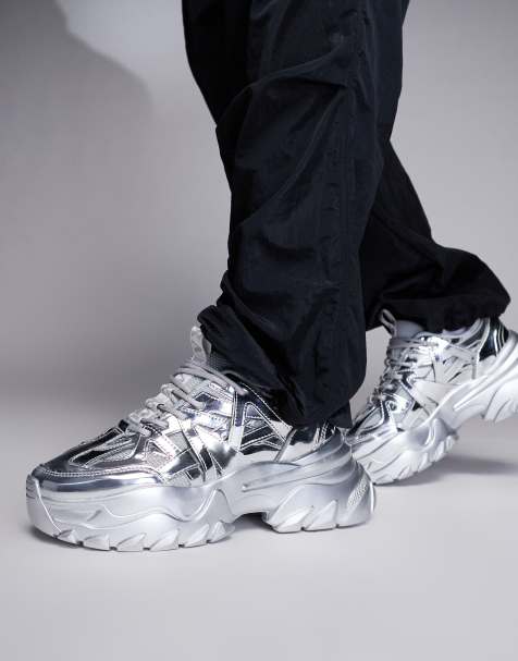 ASOS DESIGN trainers in silver metallic with chunky sole - view 1