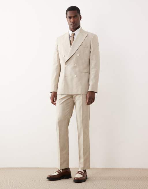 ASOS DESIGN - Traje color piedra de corte slim con raya diplomática de mezcla de lino