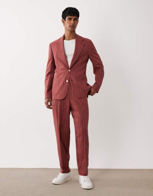 ASOS DESIGN - Traje color terracota a rayas de corte tapered extragrande de tejido rico en lino