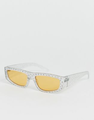 ASOS DESIGN - Transparante vierkante zonnebril met diamanten, glitter en oranje glazen-Wit