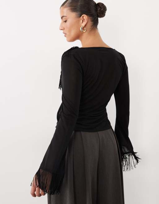 ASOS DESIGN transparent cardigan-top med frynsedetalje i sort, 3 af 4
