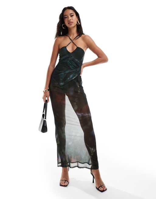 ASOS DESIGN - Transparent rynket lag-på-lag Maxikjole med asymmetrisk halsudskæring og tynde stropper og abstrakt print på hoveddelen