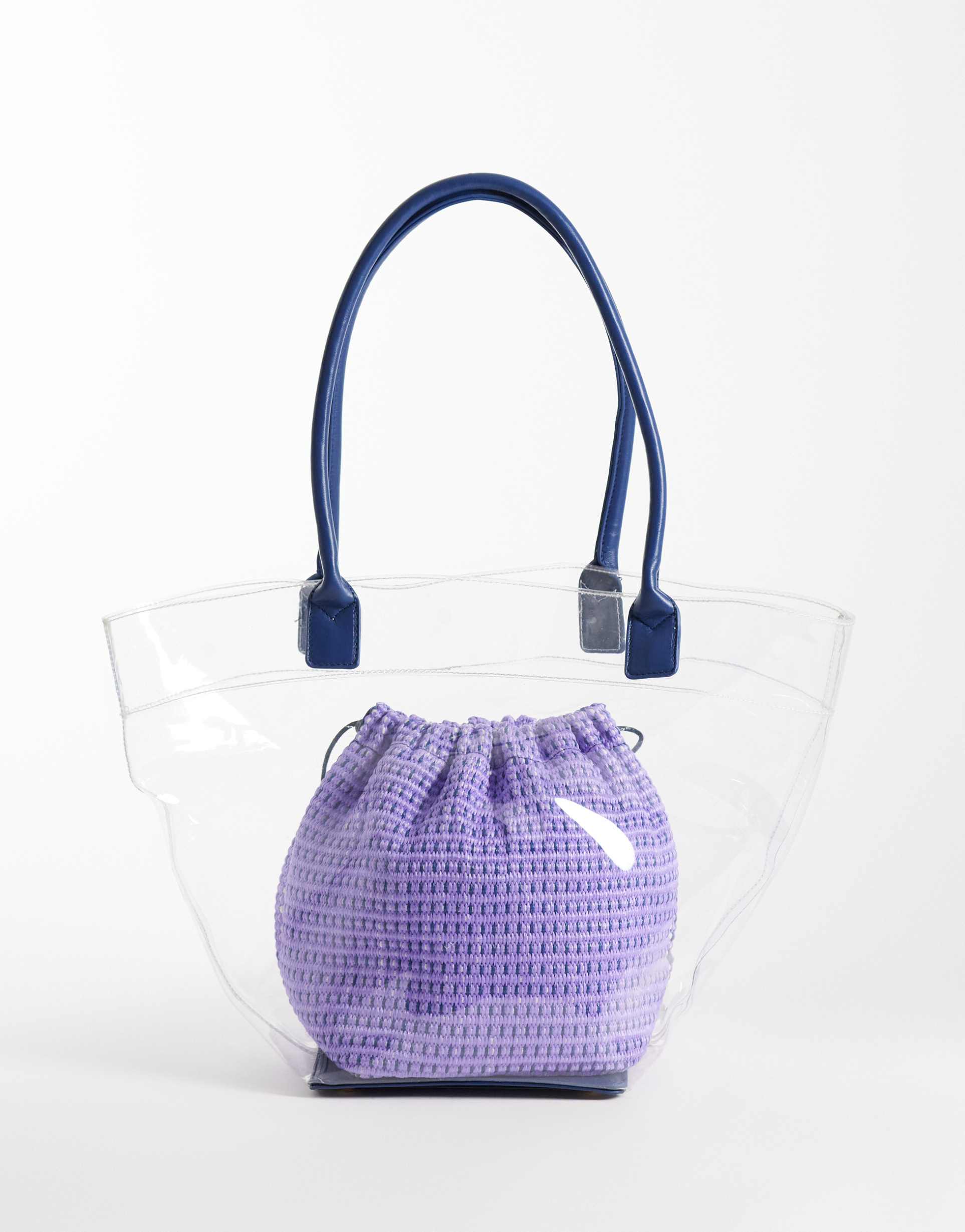 asos design transparent tote bag with lilac inner pouch