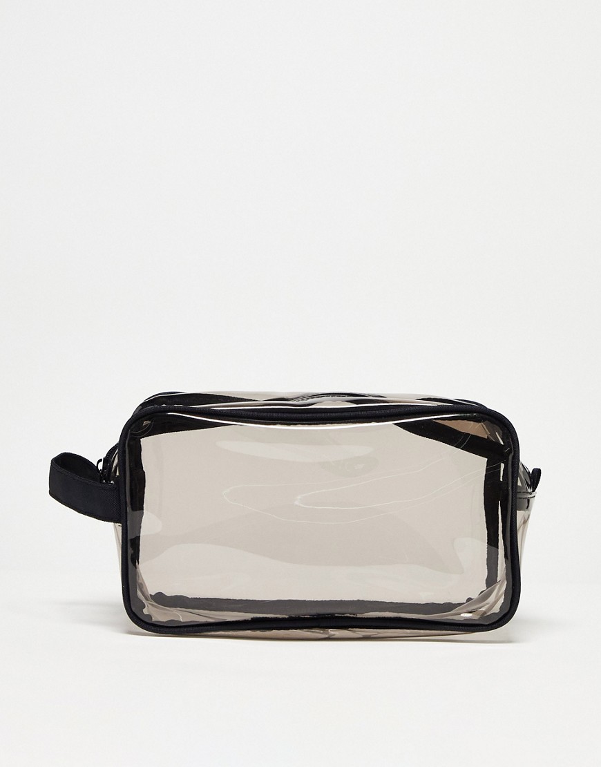 ASOS DESIGN transparent wash bag with handle in black-Clear