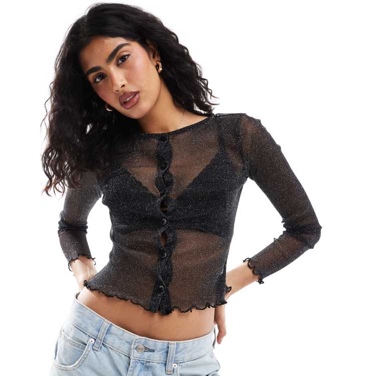 Glitzer Oberteile Damen Elegant Transparente Oberteil Spitzen