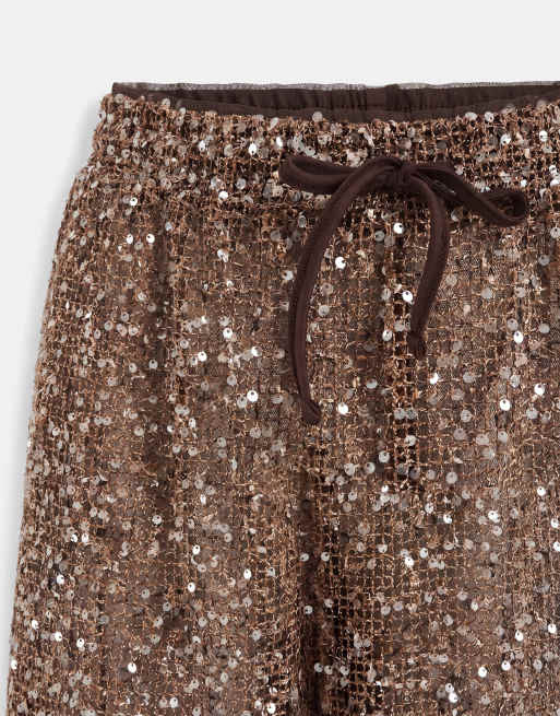 ASOS DESIGN – Transparente, gehäkelte Pailletten-Hose in Braun mit weitem Bein, 8 von 9
