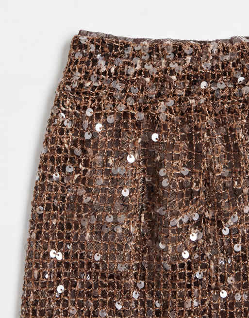 ASOS DESIGN – Transparente, gehäkelte Pailletten-Hose in Braun mit weitem Bein, 9 von 9