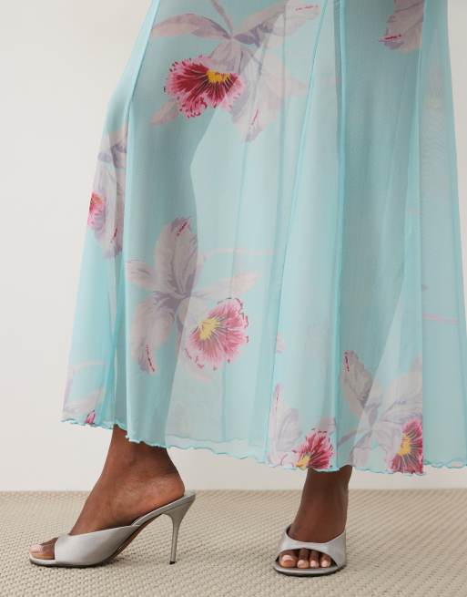 ASOS DESIGN transparente Maxi-Kombination mit Rock in türkisfarbenem Blumenmuster, 4 von 5
