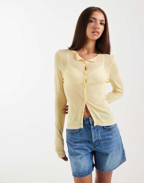 ASOS DESIGN – Transparente Strickjacke aus Feinstrick in Buttermilchgelb - view 1