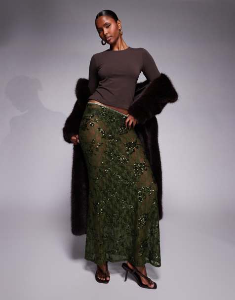 ASOS DESIGN – Transparenter Maxirock aus Spitze mit Pailletten in Grün - view 1