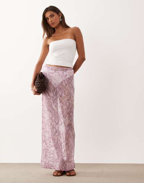 ASOS DESIGN – Transparenter Maxirock aus zarter Spitze in Flieder mit Paillettenverzierung - view 1