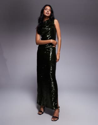 ASOS DESIGN - Transparenter, mit Pailletten besetzter Maxirock in Olivgrün mit Seitenschlitz, Kombiteil