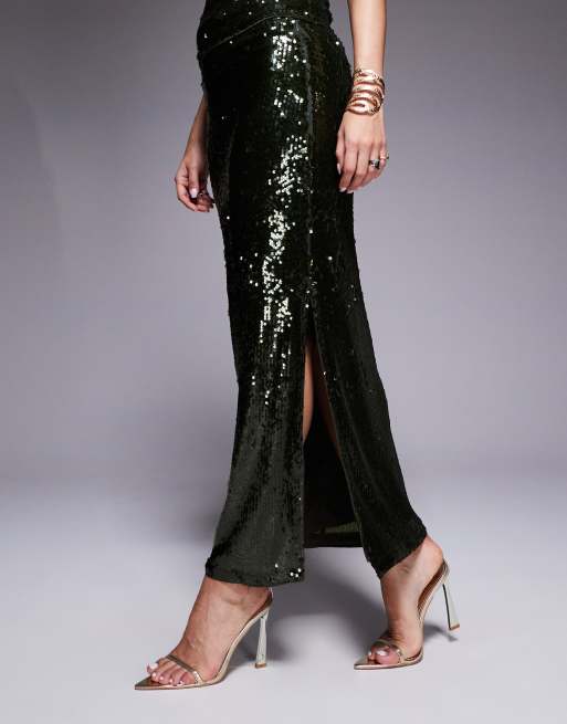 ASOS DESIGN – Transparenter, mit Pailletten besetzter Maxirock in Olivgrün mit Seitenschlitz, Kombiteil, 3 von 5