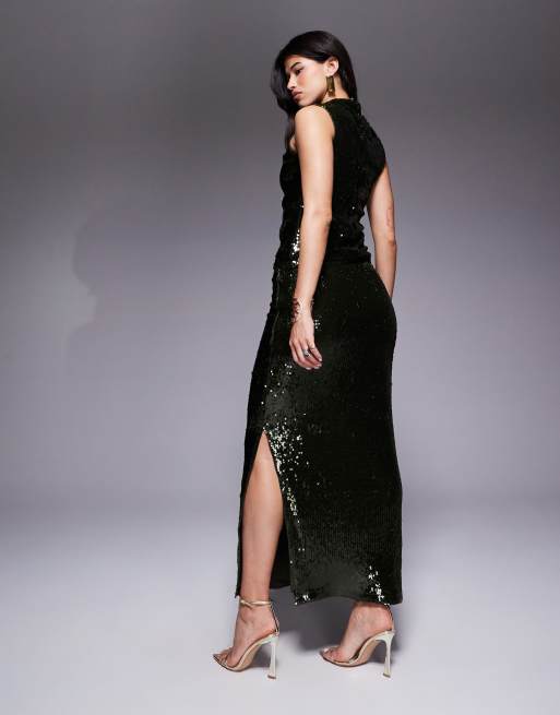ASOS DESIGN – Transparenter, mit Pailletten besetzter Maxirock in Olivgrün mit Seitenschlitz, Kombiteil, 4 von 5