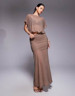 ASOS DESIGN - Transparenter Netzstoff-Maxirock in Braun mit geraffter Taillenpartie, Kombiteil-Brown