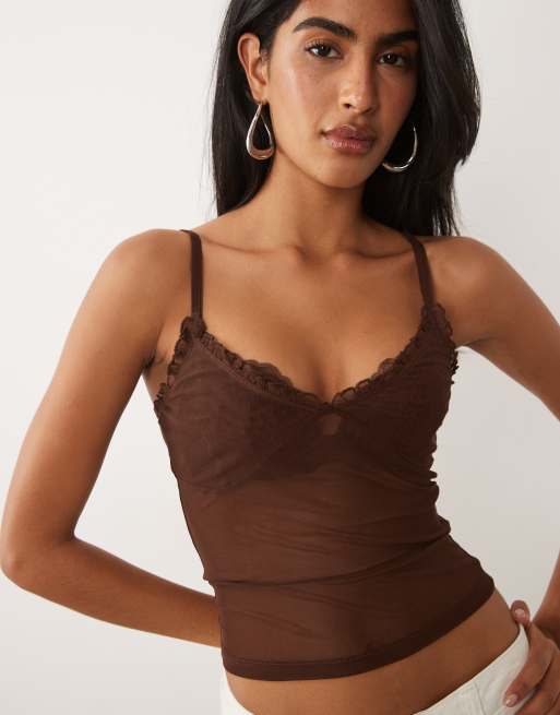 ASOS DESIGN – Transparentes Camisole-Oberteil aus Netzstoff in Schokobraun, 3 von 4