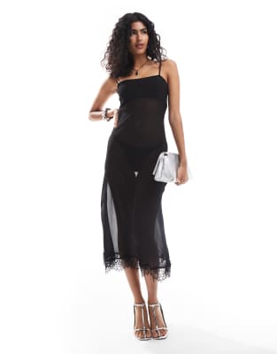 ASOS DESIGN - Transparentes Chiffon-Maxikleid in Schwarz mit Spitzenborte