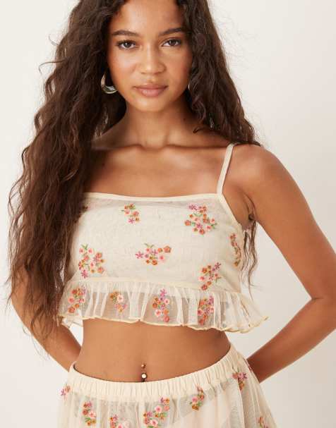 ASOS DESIGN – Transparentes Cropped-Oberteil in Gelb mit Blumenstickerei und Rüschensaum, Kombiteil - view 1