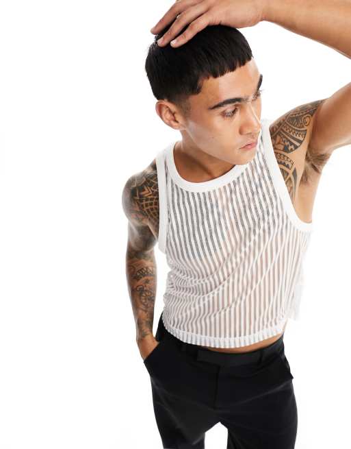 ASOS DESIGN – Transparentes, geripptes Muskelshirt in Weiß mit kurzem Schnitt