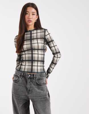 ASOS DESIGN - Transparentes, hautenges Oberteil in Elfenbein mit Karomuster-Weiß
