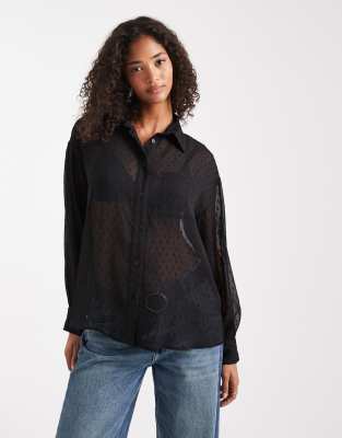 ASOS DESIGN - Transparentes Hemd aus Dobby-Stoff in Schwarz