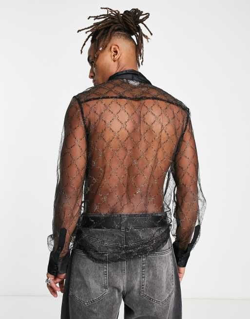 ASOS DESIGN – Transparentes Hemd aus schwarzer Metallic-Spitze mit Satin-Bindeband am Ausschnitt , 2 von 4