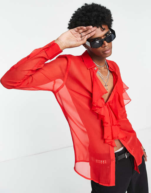 ASOS DESIGN – Transparentes Hemd in Rot mit regulärer Passform und Rüschendetail , 2 von 4