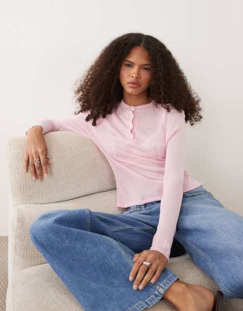 ASOS DESIGN – Transparentes Henley-Oberteil aus Feinstrick in Rosa - view 1