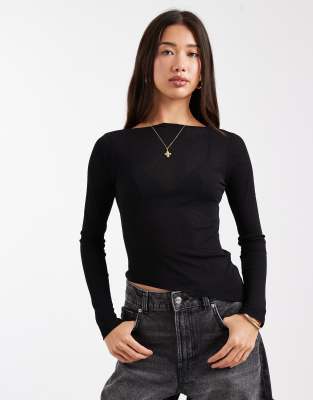 ASOS DESIGN - Transparentes, langärmliges Oberteil aus Netzstoff in Schwarz mit asymmetrischem Saum