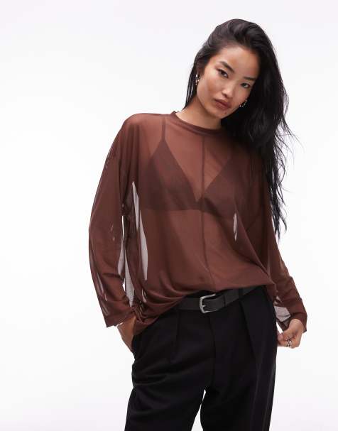ASOS DESIGN – Transparentes, langärmliges Oberteil in Braun mit kastigem Schnitt und Ziernaht - view 1