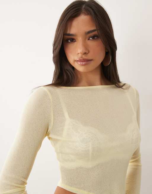 ASOS DESIGN – Transparentes, langärmliges Oberteil in Buttermilchgelb mit asymmetrischem Saum, 4 von 4