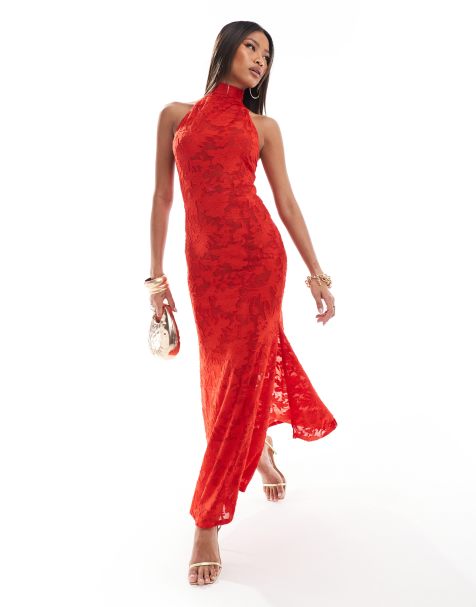 ASOS DESIGN – Transparentes, langes Neckholder-Kleid in Rot mit Ausbrennermuster und tiefem Rückenausschnitt - view 1