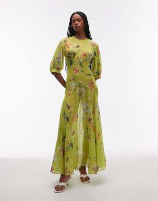 ASOS DESIGN - Transparentes Maxi-Freizeitkleid in Grün mit Ziernaht und Vintage-Blumenmuster-Bunt