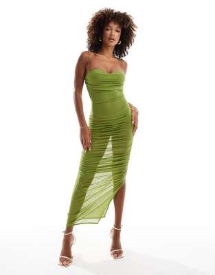 ASOS DESIGN - Transparentes Maxikleid aus Netzstoff in Grün mit Body mit verziertem Körbchendetail