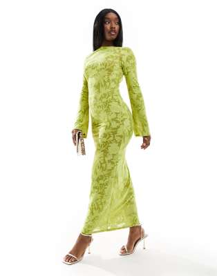 ASOS DESIGN - Transparentes Maxikleid in Limettengrün aus Netzstoff mit Ausbrennermuster, Trompetenärmeln und tiefem Rüc...