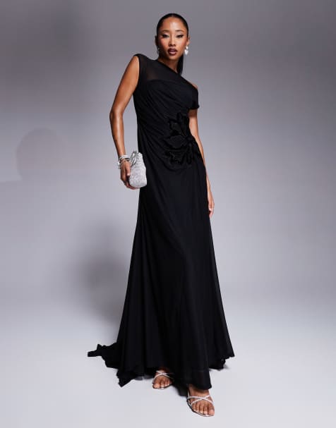 ASOS DESIGN – Transparentes Maxikleid in Schwarz mit Blumenapplikation und Schleppe - view 1