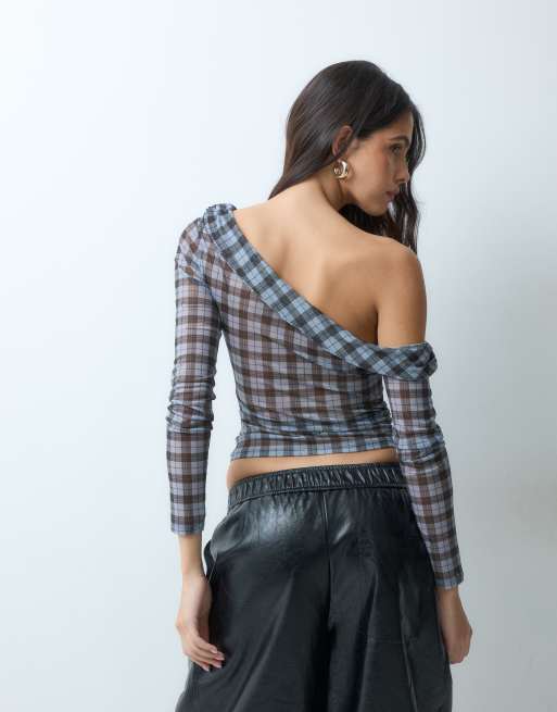 ASOS DESIGN transparentes Mesh-Oberteil mit asymmetrischem Schnitt, langärmlig und Karoprint, 5 von 5