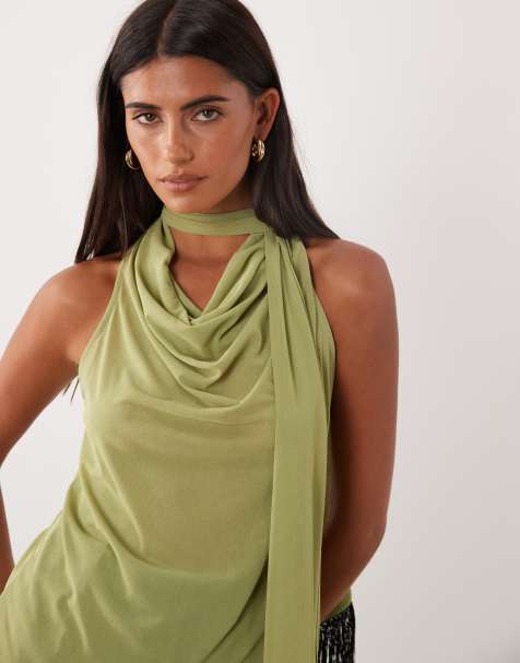ASOS DESIGN transparentes Mesh-Top mit Wasserfallausschnitt und Fransenschal in Grün - view 1