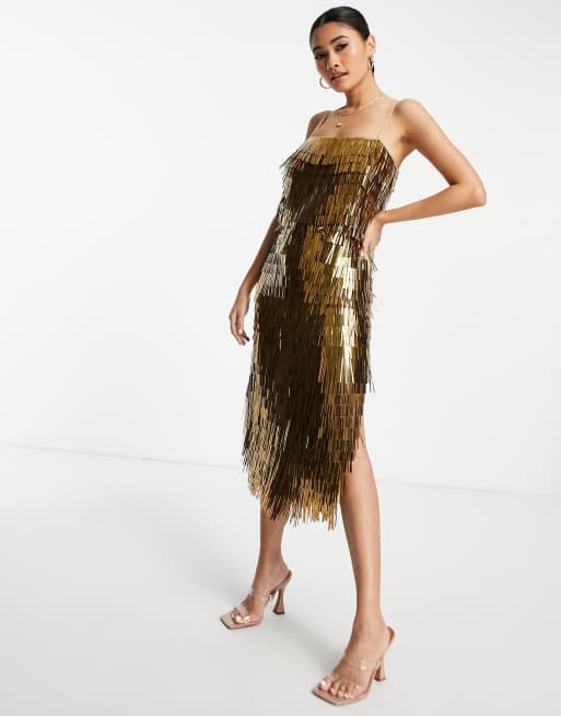 ASOS DESIGN Transparentes Midikleid in Gold mit Scherben Details und transparenter Taille