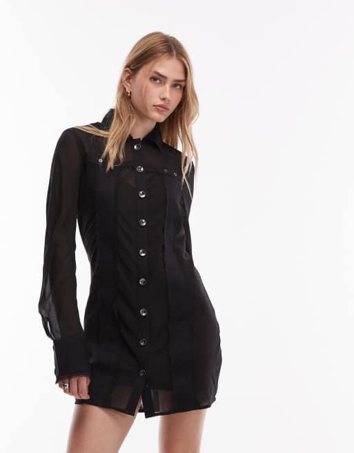 ASOS DESIGN – Transparentes Mini-Hemdkleid in Schwarz mit kontrastierendem Twill-Detail, 2 von 4