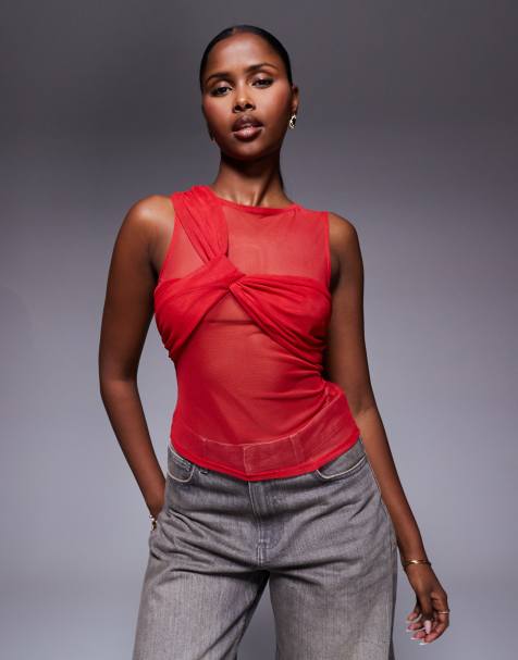 ASOS DESIGN – Transparentes Netzstoff-Trägertop in Rot mit verdrehtem Lagen-Detail - view 1