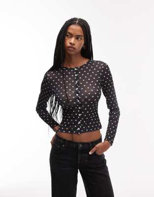 ASOS DESIGN - Transparentes Oberteil in Schwarz mit Polka Dots und durchgehender Knopfleiste-Marineblau