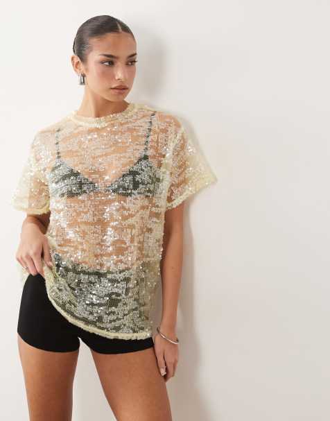 ASOS DESIGN – Transparentes Oversize-T-Shirt mit Paillettenbesatz in Gelb - view 1