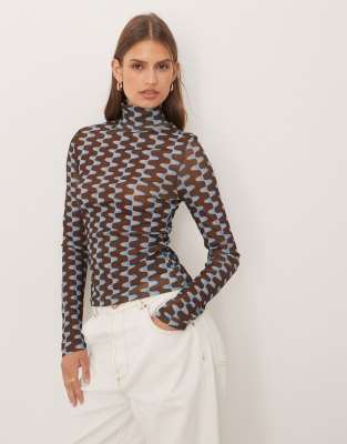 ASOS DESIGN - Transparentes Rollkragen-Oberteil aus hauchdünnem Netzstoff in Braun mit geometrischem Muster-Brown