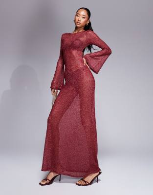 ASOS DESIGN - Transparentes, schimmerndes Maxikleid aus Strick in Rot mit Cut-Out und Flügelärmeln