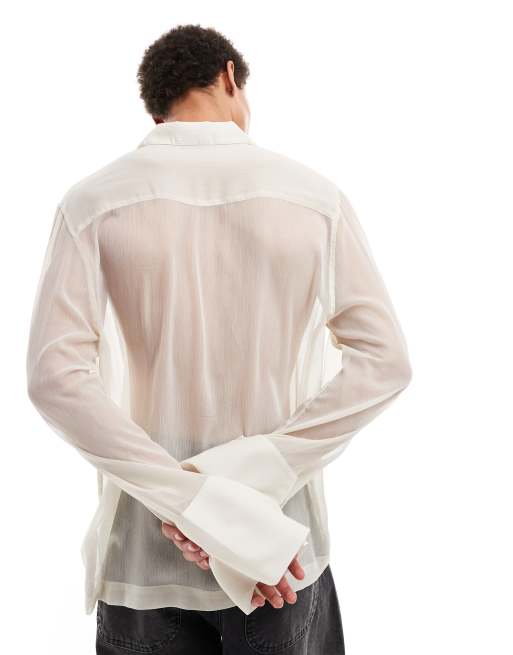 ASOS DESIGN – Transparentes Schlupfhemd in Beige mit lockerem Schnitt und tiefem Ausschnitt, 3 von 4